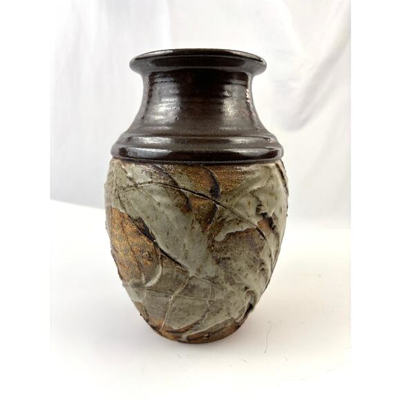 Vintage Studio Art Pottery Vase Impressed Leaf Design Rustic Stoneware Glaze - Picture 6 of 10